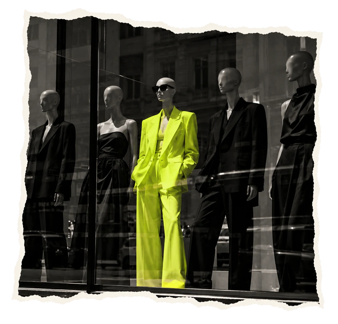 Mannequin in a neon lime suit between monochrome mannequins behind a shop window